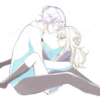 1boy 1girl aqua_jacket aqua_streaks between_legs black_jacket black_pants black_socks blue_skirt blush bow bowtie breasts closed_eyes collared_shirt commentary_request couple embarrassed face-to-face feet_out_of_frame green_hair hair_between_eyes hair_flaps hand_on_another's_back hand_on_another's_chest hand_on_another's_head happy hetero highres jacket kamishiro_rui kamiyama_high_school_uniform_(project_sekai) kneehighs kusanagi_nene long_hair long_sidelocks long_sleeves looking_at_another miniskirt multicolored_hair no_shoes pants profile project_sekai purple_eyes purple_hair red_bow red_bowtie school_uniform shirt short_hair sidelocks simple_background sitting skirt small_breasts smile socks streaked_hair usagitune31 white_background white_shirt