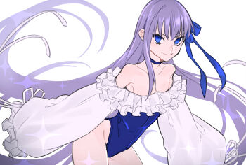 1girl absurdres bare_shoulders bent_over blue_choker blue_eyes blue_one-piece_swimsuit choker collarbone commentary_request fate/grand_order fate_(series) flat_chest frilled_one-piece_swimsuit frills hair_ribbon highleg highleg_one-piece_swimsuit highres long_hair long_sleeves meltryllis meltryllis_(fate) meltryllis_(swimsuit_lancer)_(fate) meltryllis_(swimsuit_lancer)_(second_ascension)_(fate) off-shoulder_one-piece_swimsuit off_shoulder one-piece_swimsuit puffy_long_sleeves puffy_sleeves purple_hair ribbon sleeves_past_fingers sleeves_past_wrists smile solo swimsuit tofu_(bean359) very_long_hair