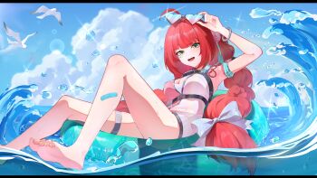 1girl absurdres adjusting_eyewear afloat ahoge arm_up armpits bandaid bandaid_on_leg barefoot bird blue_sky blush bracelet braid braided_twintails breasts camera camera_around_neck cloud commentary_request eyewear_on_head facial_mark feet gradient-tinted_eyewear green_eyes hair_ornament hair_ribbon hearing_aid heart heart-shaped_eyewear heart_facial_mark highres innertube jewelry large_breasts long_hair nail_polish official_alternate_costume one-piece_swimsuit open_mouth pink_one-piece_swimsuit red_hair ribbon sky solo sparkle sphere_hair_ornament splashing swim_ring swimsuit thigh_strap tinted_eyewear toenail_polish toenails two-tone_one-piece_swimsuit ukinami_yuzuha ukinami_yuzuha_(tanuki_in_broad_daylight) user_nxuu2838 white_bird white_ribbon yellow_nails zenless_zone_zero