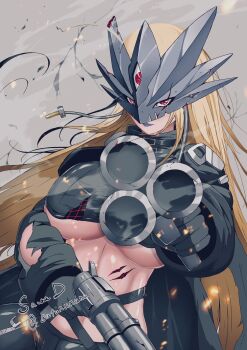1girl beelstarmon black_gloves black_jacket blonde_hair breasts closed_mouth commentary_request digimon digimon_(creature) dual_wielding gloves gun highres holding holding_gun holding_weapon jacket large_breasts lipstick long_hair looking_at_viewer makeup purple_lips red_eyes sawa_d smile solo underboob very_long_hair weapon