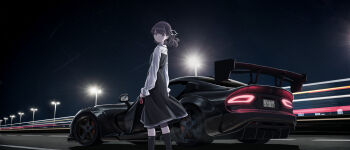 1girl absurdres black_dress black_hair black_socks car commentary_request dodge_viper dress floating_hair fukumaru_koito highres idolmaster idolmaster_shiny_colors kneehighs lamppost long_sleeves looking_at_viewer looking_back medium_dress motor_vehicle night purple_eyes ribbon socks solo sports_car star_(sky) t_takahashi_(ixtl416) twintails two-tone_dress white_dress wind