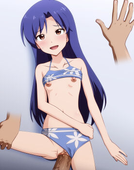 1boy 1girl blue_hair blush breasts brown_eyes censored circle_anco highres idolmaster idolmaster_(classic) kisaragi_chihaya long_hair nipples open_mouth penis pussy sex small_breasts swimsuit vaginal