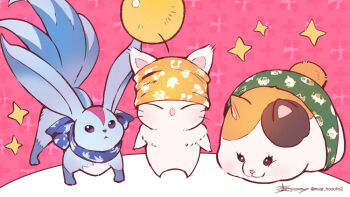 bandana bandana_around_neck blue_bandana calico_(pattern) calico_cat carbuncle_(final_fantasy) cat fat_cat_(ff14) final_fantasy final_fantasy_xiv green_bandana moogle mugi_kosuta no_humans signature twitter_username yellow_bandana