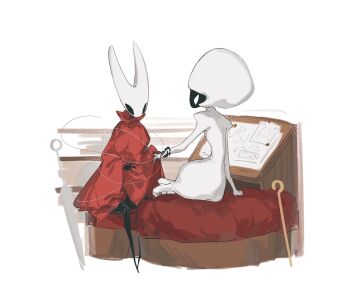 2girls arthropod_girl black_eyes black_skin blank_eyes bodysuit cloak colored_skin commentary_request dkl_(dinosaurkl2) from_behind hat highres hollow_eyes hollow_knight hollow_knight:_silksong horned_mask hornet_(hollow_knight) horns lace_(hollow_knight) looking_at_another mask multiple_girls needle_(hollow_knight) on_bed pin_(hollow_knight) puffy_sleeves red_cloak sitting thread weapon white_bodysuit white_eyes white_hat white_mask