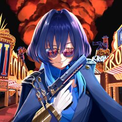 Rule 34 | 1girl, absurdres, blue hair, blue necktie, casino, character name, coat, colored inner hair, commentary, duke nukem 3d, english commentary, epaulettes, fang, gloves, grin, gun, hair intakes, hand up, handgun, highres, holding, holding weapon, hololive, hololive english, long sleeves, marquee lights, military uniform, mokuka noe, multicolored hair, necktie, neon lights, official alternate costume, official alternate hairstyle, ouro kronii, ouro kronii (4th costume), parody, sleeve cuffs, smile, sunglasses, uniform, virtual youtuber, weapon, white gloves, wolf cut
