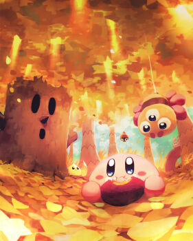 :i :o absurdres artist_name autumn autumn_leaves blue_eyes blue_sky blush blush_stickers chip_(kirby) closed_mouth cloud commentary_request como_(kirby) dappled_sunlight day eating food forest grass highres holding holding_food kirby kirby_(series) leaf nature nintendo no_humans outdoors polof pupa_(kirby) roasted_sweet_potato sky star_(symbol) sunlight suyasuyabi sweet_potato tree twitter_username whispy_woods