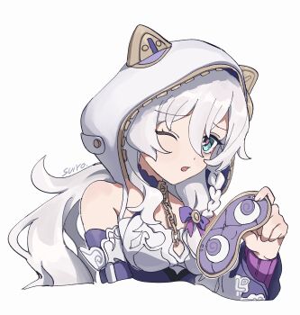 1girl ;o absurdres artist_name blue_eyes commentary_request highres honkai_(series) honkai_impact_3rd long_hair looking_at_viewer one_eye_closed open_mouth sleep_mask solo theresa_apocalypse theresa_apocalypse_(schicksal&#039;s_imperative) uehara_suiyo upper_body white_background white_hair