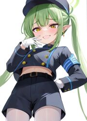 Rule 34 | 1girl, belt, black belt, black hat, black jacket, black shorts, blue archive, blush, commentary request, cowboy shot, earrings, fang, gloves, green hair, green halo, halo, hat, highlander twintails conductor (blue archive), izumi akane, jacket, jewelry, long hair, long sleeves, looking at viewer, open mouth, pantyhose, peaked cap, pointy ears, shorts, simple background, single earring, skin fang, smile, solo, twintails, white background, white gloves, white pantyhose, yellow eyes