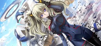 1girl adjusting_hair alexander_(code_geass) alexander_type-02 arm_at_side arm_up artist_request black_bodysuit black_boots black_gloves blonde_hair blue_eyes blue_sky bodysuit boots breasts closed_mouth cloud code_geass code_geass:_boukoku_no_akito code_geass:_lost_stories covered_navel day dust dutch_angle female_focus game_cg gloves gluteal_fold hair_between_eyes hair_ornament halo highres large_breasts leila_malcal long_hair looking_at_viewer mecha mechanical_halo non-web_source official_art outdoors robot serious sidelocks skin_tight sky solo standing thigh_boots twintails v-shaped_eyebrows