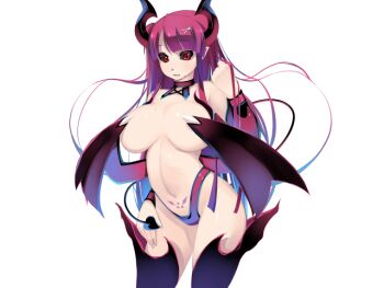 1girl arm_at_side black_sclera black_thighhighs blue_hair breasts colored_sclera confused covered_erect_nipples curvy demon_girl demon_horns demon_tail demon_wings energy game_cg gradient_hair gradient_thighhighs hair_ornament hairclip horns huge_breasts long_hair low_wings mole mole_on_breast mole_under_mouth mon-musu_quest! mon-musu_quest:_paradox multicolored_hair myusca_(succubus_prison) navel nose open_mouth playing_with_own_hair pointy_ears pubic_tattoo purple_thighhighs red_eyes red_hair red_thighhighs shiki_(psychedelic_g2) solo succubus_prison tail tattoo thighhighs thighs variant_set very_long_hair wide_hips wings x_hair_ornament