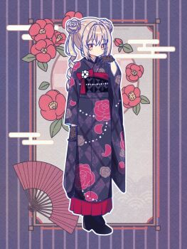 Rule 34 | 1girl, black boots, black gloves, black sash, blush, boots, bright pupils, checkered sash, closed mouth, commentary request, dot nose, double bun, full body, gloves, hair bun, hair intakes, hand fan, hand up, highres, irina kush, japanese clothes, kimono, lace, lace gloves, long hair, long sleeves, looking at viewer, magia record: mahou shoujo madoka magica gaiden, mahou shoujo madoka magica, obi, outline, pink hair, purple background, purple kimono, red eyes, ruru (rurumagi), sash, solo, standing, striped background, vertical-striped background, white outline, white pupils, wide sleeves