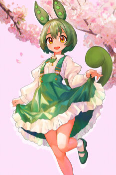 1girl :d absurdres animal_ears branch cherry_blossoms collared_shirt curtsey frilled_skirt frills green_hair green_shoes green_skirt high-waist_skirt highres juliet_sleeves legs long_sleeves looking_at_viewer mary_janes ojou-sama_zundamon open_mouth orange_eyes ponytail puffy_sleeves shirt shoes short_hair_with_long_locks skirt smile socks solo standing standing_on_one_leg suspender_skirt suspenders tail tsukiyono_aroe voicevox white_background white_shirt zundamon