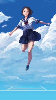 1girl absurdres aqua_shoes black_hair blue_sailor_collar blue_skirt blue_sky bob_cut bow bowtie brown_eyes cloud female_focus full_body highres jumping leg_up looking_at_viewer original otsu_natsu outstretched_arms parted_lips pleated_skirt red_bow red_bowtie running sailor_collar school_uniform serafuku shirt shoes short_hair skirt sky sneakers solo white_shirt