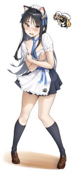 3girls animal_ears apron bell black_hair black_skirt black_socks blonde_hair blue_necktie blush brown_shoes camera cat_ears character_request chibi chibi_inset copyright_name copyright_request embarrassed frilled_apron frills highres holding holding_camera jingle_bell loafers looking_at_another looking_at_viewer multiple_girls necktie paw_print print_apron puffy_short_sleeves puffy_sleeves saya_endo_(27) shoes short_sleeves simple_background skirt socks taking_picture white_apron white_background