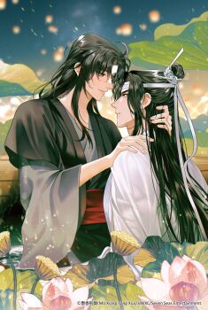 2boys ahoge alternate_hairstyle bishounen black_hair black_hanfu blurry blurry_background boat chinese_clothes closed_mouth commentary copyright_notice english_commentary eye_contact flower grey_eyes hair_down hair_ribbon hand_in_another&#039;s_hair hand_on_another&#039;s_shoulder hanfu headband highres hug lan_wangji lantern long_hair long_sleeves looking_at_another looking_at_viewer lotus lotus_leaf lotus_pod male_focus minataka94 modao_zushi multiple_boys night official_art outdoors paper_lantern parted_lips partially_submerged pink_flower profile rain red_sash ribbon robe sash sidelocks sitting sitting_on_lap sitting_on_person sky_lantern smile sparkle topknot upper_body water watercraft watermark wei_wuxian wet wet_hair white_hanfu white_headband wide_sleeves xiao_guan_(headdress) yaoi