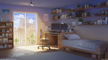 3d balcony bed bed_sheet bedroom blue_sky book building calendar_(object) ceiling_fan chair city cloud computer_keyboard contrail day desk desk_lamp highres indoors lamp mixed-language_commentary monitor original picture_frame pillow plant potted_plant scenery shadow shelf sitai_xiii sky skyscraper sliding_doors watermark window wooden_floor