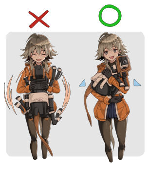 1girl ahoge arknights averting_eyes black_eyeliner black_gloves black_sweater blue_skirt brown_eyes brown_hair brown_pantyhose carrying closed_eyes doodles eyeliner feet_out_of_frame gloves green_circle grey_background hair_between_eyes highres hood hoodie jacket looking_at_another looking_at_viewer makeup mayer_(arknights) meeboo_(arknights) motion_lines multicolored_background non-humanoid_robot nose open_mouth orange_hoodie orange_jacket otter_tail pantyhose pointer ribbed_sweater robot robot_animal shimizu_kazunari short_hair_with_long_locks simple_background skirt sweatdrop sweater tail turtleneck turtleneck_sweater white_background x_(symbol)