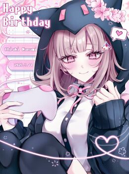 Rule 34 | 1girl, black jacket, black shirt, black thighhighs, blush, brown hair, character name, controller, danganronpa (series), danganronpa 2: goodbye despair, dated, dress shirt, flipped hair, game controller, happy birthday, heart, highres, holding, holding controller, holding game controller, hood, hood up, hooded jacket, jacket, long sleeves, medium hair, nanami chiaki, pink eyes, shirt, smile, thighhighs, white shirt