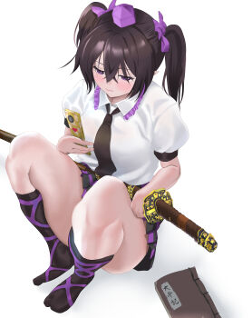 Rule 34 | 1girl, absurdres, black necktie, black skirt, black socks, blush, breasts, brown hair, cellphone, checkered clothes, checkered skirt, closed mouth, collared shirt, commentary request, doujigiri yasutsuna (fate), fate (series), flip phone, frilled shirt collar, frills, hair between eyes, hat, highres, himekaidou hatate, holding, holding phone, katana, kneehighs, long hair, medium breasts, missing wings, necktie, phone, pointy ears, purple eyes, purple hat, purple skirt, sheath, sheathed, shirt, simple background, sitting, skirt, socks, solo, sword, thighs, tokin hat, touhou, translation request, twintails, two-tone skirt, weapon, white background, yuri kowashi (tetsukabuto nuranura)