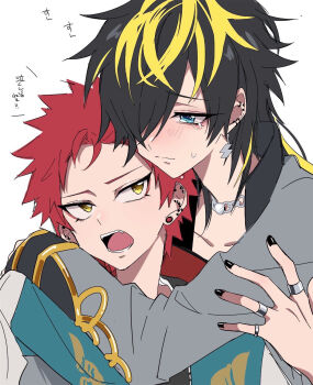 2boys black_hair blue_eyes blush commentary_request ear_piercing earrings highres hug hypnosis_mic jewelry lightning_bolt_earrings lightning_bolt_symbol mg_nemuio multicolored_hair multiple_boys piercing red_hair short_hair spiked_hair streaked_hair tearing_up two-tone_hair upper_body white_background yellow_eyes