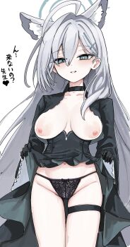 1girl ahoge animal_ear_fluff animal_ears black_gloves black_panties blue_archive breasts clothes_lift commentary_request cowboy_shot cross_hair_ornament dress dress_lift eiraku_tee gloves green_eyes green_halo grey_hair hair_ornament halo highres large_breasts lifting_own_clothes long_hair long_sleeves looking_at_viewer mismatched_pupils nipples panties shiroko_terror_(blue_archive) simple_background smile solo thigh_strap translation_request underwear white_background wide_sleeves wolf_ears