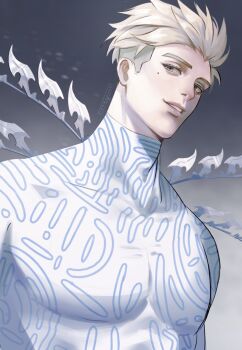 1boy blonde_hair blue_eyes bodysuit commentary covered_pectorals english_commentary highres kookirani looking_to_the_side male_focus millions_knives mole mole_under_eye parted_lips pectorals short_hair short_sideburns sideburns sideways_glance smile solo teeth trigun trigun_stampede upper_body white_bodysuit