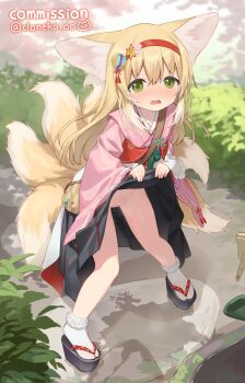 1girl absurdres animal_ears arknights artist_name black_hakama black_sandals blonde_hair blush bobby_socks cleft_of_venus cloneko_(zelmeledf2) clothes_lift commentary_request commission fox_ears fox_girl fox_tail full_body furrowed_brow green_eyes hairband hakama hakama_skirt highres japanese_clothes kimono lifting_own_clothes loli long_hair long_sleeves looking_at_viewer no_panties okobo open_mouth pee pink_kimono platform_clogs platform_sandals puddle pussy red_hairband sandals skeb_commission skirt skirt_lift socks solo suzuran_(arknights) suzuran_(yukibare)_(arknights) tail tearing_up variant_set white_socks wide_sleeves
