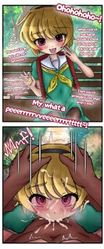 07th_expansion 1boy 1girl @_@ absurdres age_difference alarm backpack bag bench black_hairband black_pantyhose blonde_hair blush collar crime_prevention_buzzer cum cum_in_mouth cum_on_body cum_overflow dark-skinned_male dark_skin deepthroat dlanor_973 dress english_text facial fang fellatio forest green_dress hair_between_eyes hairband hand_on_another&#039;s_head head_grab hetero highres higurashi_no_naku_koro_ni houjou_satoko irrumatio laughing loli looking_at_viewer mesugaki motion_lines multiple_views nature navel open_mouth oral outdoors pantyhose path pedophile penis pov pov_crotch pov_hands public_indecency puffy_short_sleeves puffy_sleeves purple_eyes rape ribbon road sailor_collar school_bag school_uniform sequential serafuku short_hair short_sleeves sitting smile smug tearing_up tears teasing tongue tree white_collar yellow_ribbon