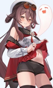 1girl absurdres armpit_crease bike_shorts blush boo_tao_(genshin_impact) brown_scarf brown_thighhighs chinese_clothes clothes_lift eyewear_on_head flower-shaped_pupils genshin_impact half-closed_eyes hat highres hip_bones hu_tao_(cherries_snow-laden)_(genshin_impact) hu_tao_(genshin_impact) looking_at_viewer navel official_alternate_costume red-tinted_eyewear red_goggles round_eyewear scarf seductive_smile shirt_lift simple_background smile solo stomach sunglasses symbol-shaped_pupils thighhighs tinted_eyewear white_background white_hat yutoriko_(candy0905) zettai_ryouiki