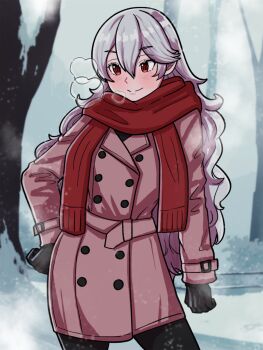 Rule 34 | 1girl, alternate costume, bare tree, black gloves, black pants, blush, breath, closed mouth, coat, commentary, english commentary, female corrin (fire emblem), fire emblem, fire emblem fates, gloves, grey hair, hair between eyes, heavy breathing, highres, long hair, long sleeves, mnejing30, nintendo, no hairband, outdoors, pants, pointy ears, red coat, red eyes, red scarf, scarf, smile, snow, solo, tree, winter