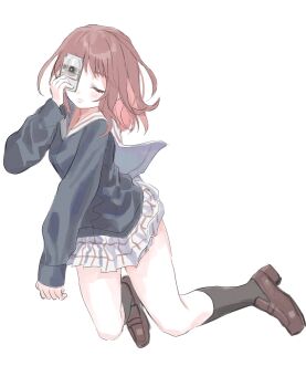 1984_(cw1000110) 1girl brown_hair camera closed_eyes commentary covering_one_eye flcl full_body highres holding holding_camera loafers long_hair long_sleeves pleated_skirt samejima_mamimi school_uniform serafuku shoes skirt socks solo