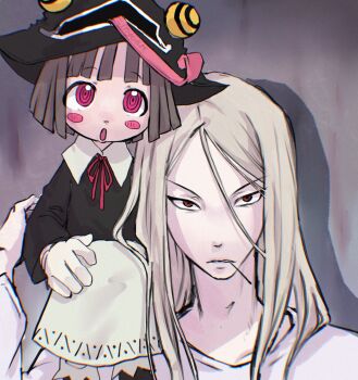 1boy 1girl angela_leon blonde_hair blush_stickers brown_hair child hashtag-only_commentary hat highres holding long_hair mifune_(soul_eater) myoart pink_eyes red_eyes short_hair soul_eater toothpick witch witch_hat
