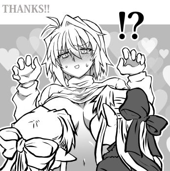 !? 3girls absurdres ahoge alternate_breast_size_(larger) arcueid_brunestud black_bow black_capelet blush bow breast_sucking breasts capelet closed_eyes hair_intakes heart highres large_breasts len_(tsukihime) long_hair looking_at_another monochrome multiple_girls pointy_ears short_hair sweat sweater tententensan tsukihime turtleneck turtleneck_sweater upper_body white_bow white_len_(tsukihime) yuri
