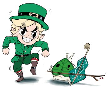 1boy belt blonde_hair boots brown_boots dancing green_hat green_jacket green_pants grin hat highres instrument jacket korok leprechaun link male_focus nintendo pants pointy_ears simple_background smile teevo the_legend_of_zelda the_legend_of_zelda:_the_wind_waker toon_link top_hat violin