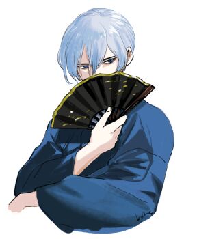 Rule 34 | 1boy, blue eyes, blue hair, blue kimono, commentary request, covered mouth, covering own mouth, cropped torso, dr. stone, folding fan, hair between eyes, hand fan, holding, holding fan, hyoga (dr. stone), japanese clothes, kimono, long sleeves, looking to the side, male focus, sexesuki, short hair, sideways glance, simple background, solo, upper body, white background, wide sleeves