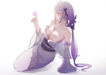 1girl absurdres black_ribbon breasts castorice_(honkai:_star_rail) cleavage collarbone commentary_request hair_ribbon highres honkai:_star_rail honkai_(series) japanese_clothes kimono kimono_pull large_breasts long_hair long_sleeves memeiradesuyo pointy_ears purple_eyes purple_hair ribbon simple_background sitting solo white_background white_kimono wide_sleeves