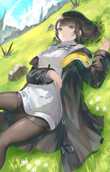 Rule 34 | 1girl, absurdres, arknights, arknights: endfield, black coat, black hair, black pantyhose, closed mouth, cloud, cloudy sky, coat, commentary request, endministrator (arknights), female endministrator (arknights), grass, hand up, highres, knee up, long sleeves, looking at viewer, lying, open clothes, open coat, outdoors, pantyhose, puranetto (vjun4748), rock, short hair, sky, solo, sweater, turtleneck, turtleneck sweater
