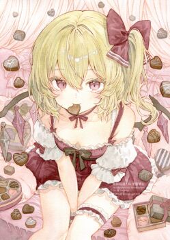 Rule 34 | 1girl, alternate costume, blonde hair, bow, breasts, candy, chocolate, chocolate heart, closed mouth, commentary request, crystal, crystal wings, dress, flandre scarlet, food, food in mouth, frilled dress, frilled thigh strap, frills, hair bow, heart, heart-shaped food, highres, kisarush, looking at viewer, mouth hold, one side up, painting (medium), red bow, red dress, red eyes, sitting, small breasts, solo, thigh strap, touhou, traditional media, watercolor (medium), watermark, wings