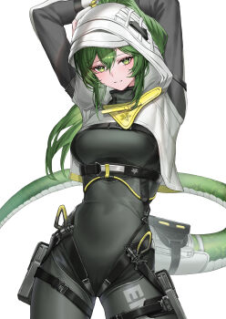 1girl absurdres arknights arknights:_endfield arms_up black_bodysuit bodysuit breasts commentary cowboy_shot endfield_industries_logo fluorite_(arknights) green_eyes green_hair hair_between_eyes hair_through_hood highres hood hooded_shrug impossible_bodysuit impossible_clothes long_hair looking_at_viewer medium_breasts molyb parted_lips ponytail shrug_(clothing) simple_background smile snake_tail solo symbol-only_commentary tail white_background white_shrug