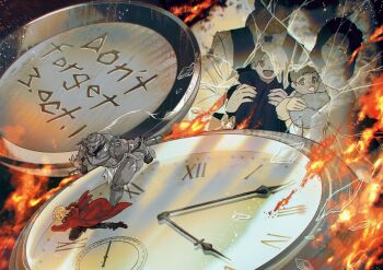 2boys alphonse_elric armor blonde_hair brothers clock coat dated edward_elric fire full_armor fullmetal_alchemist highres mother_and_son multiple_boys red_coat siblings xue_ezi