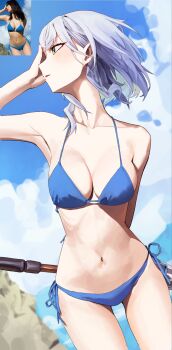Rule 34 | 1girl, art study, bikini, blue bikini, blue hair, breasts, cloud, cloudy sky, collarbone, commentary, day, english commentary, green eyes, halterneck, hand in own hair, highres, hololive, looking to the side, navel, outdoors, parted lips, photo-referenced, reference inset, shirogane noel, short hair, side-tie bikini bottom, sky, solo, swimsuit, virtual youtuber, yolga0101