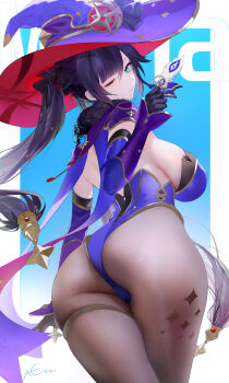 1girl aqua_eyes ass ass_focus black_pantyhose blue_background blue_leotard blue_sleeves border breasts character_name closed_mouth commentary_request crossed_legs detached_sleeves from_behind genshin_impact hat highres huge_ass large_breasts leotard mona_(genshin_impact) omone_hokoma_agm one_eye_closed pantyhose purple_hair sagging_breasts solo strapless strapless_leotard twintails white_border witch_hat