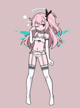 1girl :/ ambriel_(arknights) arknights bare_shoulders black_bow blue_halo blue_wings blush bow bow_panties breasts chinese_commentary cleavage collarbone commentary_request detached_wings elbow_gloves energy_wings expressionless flat_chest full_body garter_straps gloves halo hand_up highres hydrogina lingerie long_hair looking_at_viewer navel one_eye_closed one_side_up panties parody pink_background pink_hair purple_eyes ringed_eyes simple_background solo spaghetti_strap style_parody thighhighs traditional_halo underwear vanripper_(style) white_garter_straps white_panties white_thighhighs wings