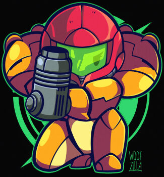 1girl arm_cannon armor black_background deformed eyelashes full_armor full_body green_outline helmet highres looking_at_viewer metroid nintendo outline power_suit_(metroid) samus_aran signature simple_background solo squatting weapon woofzilla
