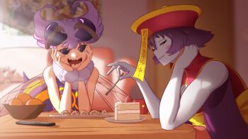 2girls absurdres antennae arthropod_girl bee_girl blue_skin blurry blurry_background cake colored_skin commentary controller english_commentary english_text food fork from_side greatm8 half-closed_eyes hat highres holding holding_fork indoors insect_girl insect_wings jiangshi kotatsu hsien-ko light_rays looking_at_viewer monster_girl multiple_girls ofuda parted_lips photoshop_(medium) purple_hair q-bee qingdai_guanmao remote_control short_hair sidelighting table darkstalkers wings