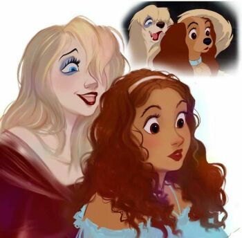 2girls animal_collar animal_ears artist_request blonde_hair blue_collar blue_eyes breasts brown_hair cleavage collar dog hair_over_one_eye lady_(disney) lady_and_the_tramp long_hair looking_at_viewer makeup multiple_girls non-web_source one_eye_covered open_mouth parted_lips peg_(disney) personification reference_inset scene_reference simple_background smile source_request tail teeth wavy_hair