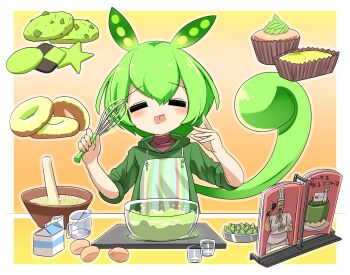 1girl =_= blush book bowl checkerboard_cookie chocolate_chip_cookie closed_mouth commentary_request cookie cup cupcake drink_carton drinking_glass egg food green_hair green_hoodie holding holding_whisk hood hood_down hoodie lets0020 long_hair measuring_cup milk_carton pea_pod shot_glass smile solo tongue tongue_out upper_body voiceroid voicevox whisk zundadon zundamon