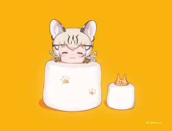 Rule 34 | 1girl, animal, animal ears, beleven, cat, cat ears, cat girl, closed eyes, food, geoffroy's cat (kemono friends), grey hair, highres, kemono friends, kemono friends v project, long hair, looking at viewer, marshmallow, ribbon, simple background, sweat, virtual youtuber, white ribbon, yellow background, yellow ribbon