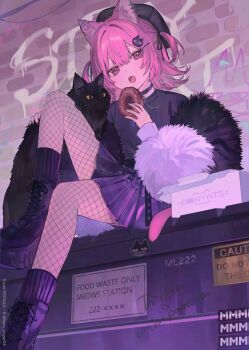 1girl animal animal_ear_fluff animal_ears animal_on_lap belt black_belt black_boots black_cat black_choker black_hat black_jacket black_nails black_shirt black_socks blush boots brick_wall cat cat_ears cat_girl cat_hair_ornament cat_on_lap cat_tail choker commentary_request cowboy_shot donut dumpster earrings english_text fishnet_pantyhose fishnets flat_chest food fur_jacket graffiti hair_ornament hat holding holding_donut holding_food jacket jewelry jirai_kei knee_up looking_at_viewer medium_hair multicolored_jacket multiple_earrings on_lap open_mouth original outdoors pantyhose pink_eyes pink_hair pleated_skirt purple_skirt shirt shugao sitting sitting_on_object skirt socks solo tail two-tone_jacket two_side_up white_jacket