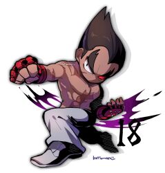 Rule 34 | 1boy, black hair, drop shadow, facial scar, full body, gloves, grey footwear, grey pants, heterochromia, highres, kotorai, male focus, mishima kazuya, muscular, muscular male, no mouth, no nose, pants, punching, red eyes, red gloves, scar, scar on arm, scar on cheek, scar on face, short hair, solo, studded gloves, tekken, thick eyebrows, v-shaped eyebrows, white background